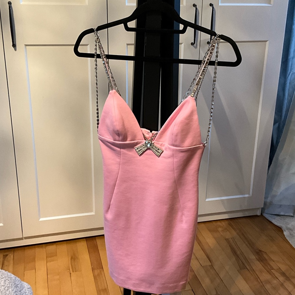 AREA Pink Mini Dress with Chain Straps
